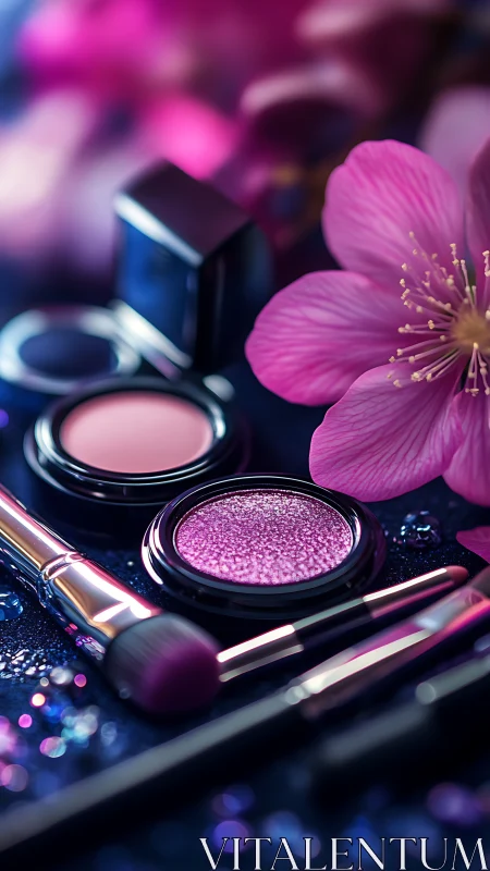 Shimmering pink cosmetics arranged in a macro glamour still life