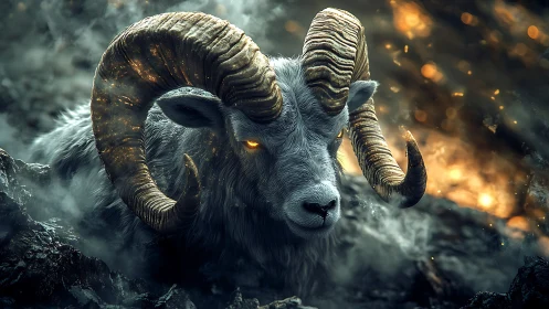 Ram with curved horns stands in smoke and glowing embers