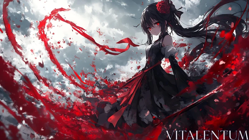 Crimson ribbons whirl around a dark-eyed anime sorceress.