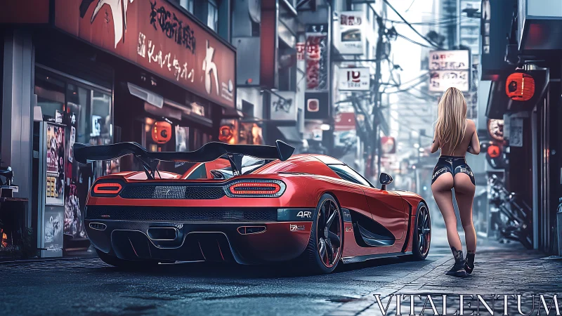 Neon city alley welcomes a sleek red supercar at night
