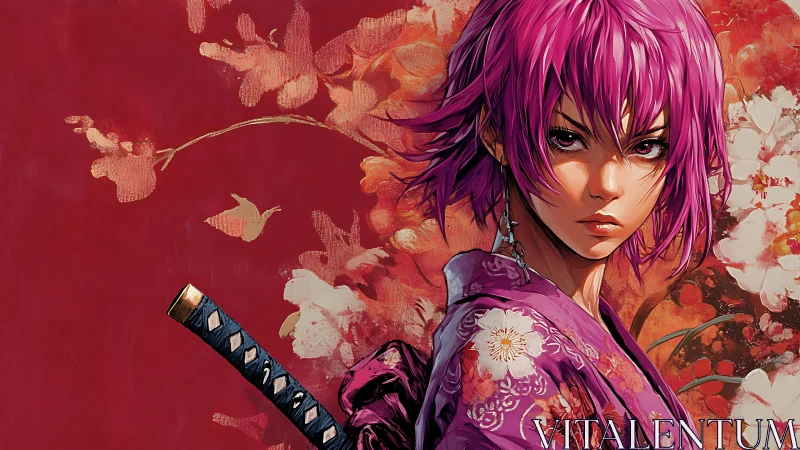 Purple haired samurai figure before red floral backdrop.