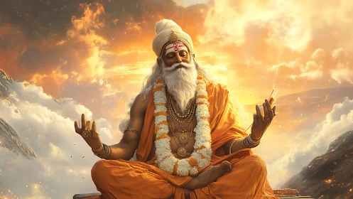 Radiant orange-clad sage in lotus pose amid luminous clouds