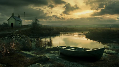 Marooned rowboat under stormlit marshland sky at dusk.