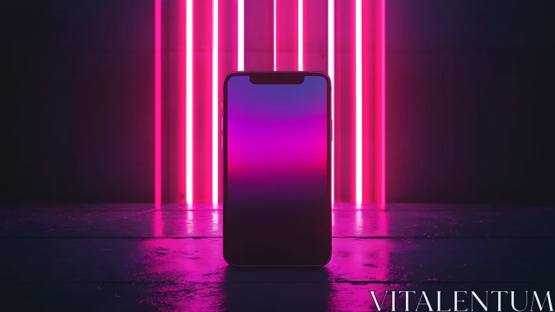 Smartphone stands centered against vertical pink neon lights