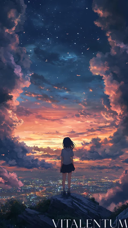 Girl on cliffside overlooking city at sunset skyscape.