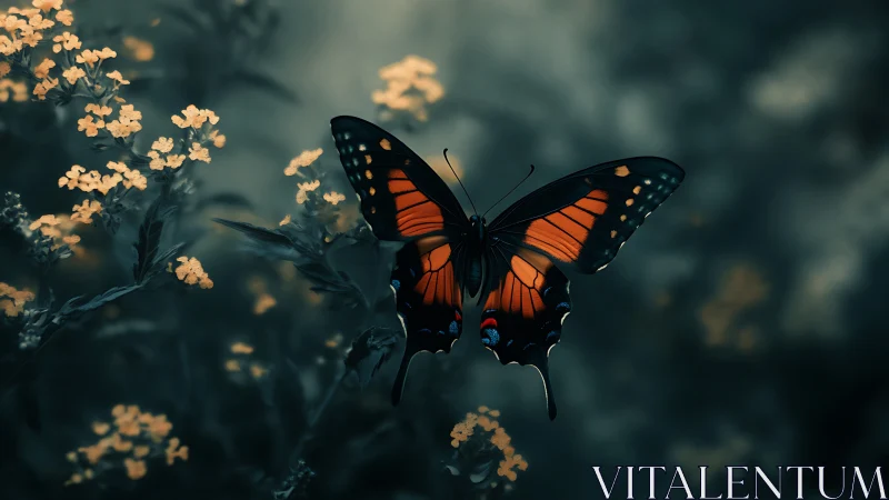 Midnight garden butterfly pausing between glowing blossoms.