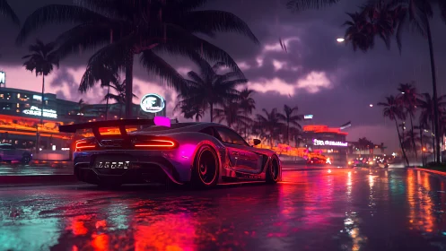 Neon-soaked supercar in cinematic cyberpunk boulevard rainscape.