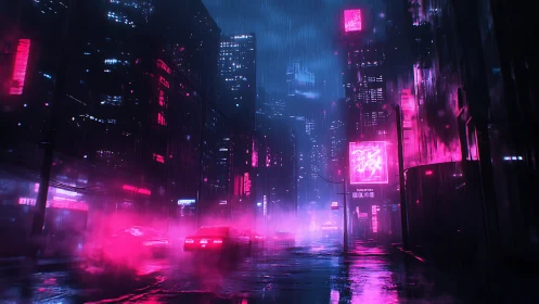 Neon-lit cyberpunk street glows through rain-soaked midnight haze