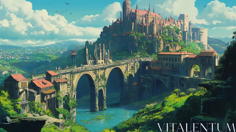 Sunlit cliffside citadel and stone bridge over jade river.