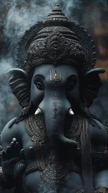 Detailed dark-toned Ganesha statue with ornate headdress.