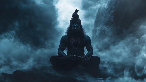 Mystic blue yogi in meditative pose amid swirling fogscape.