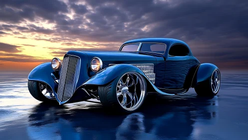 Blue custom hot rod coupe sits on reflective wet surface