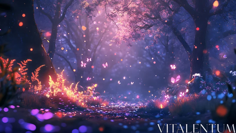 Illuminated forest path with glowing plants and butterflies.