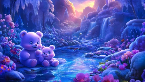 Bioluminescent valley stream with stylized pastel bear duo.