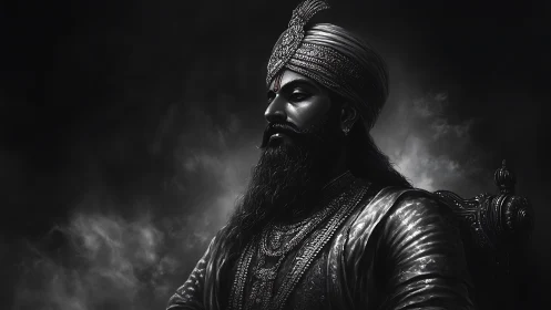 Monochrome digital portrait of regal turbaned figure seated.