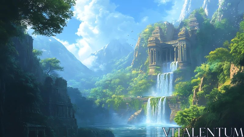 Ancient terraced jungle temple with cascading tiered waterfalls