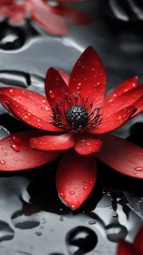 Crimson lotus macro on reflective black liquid surface.