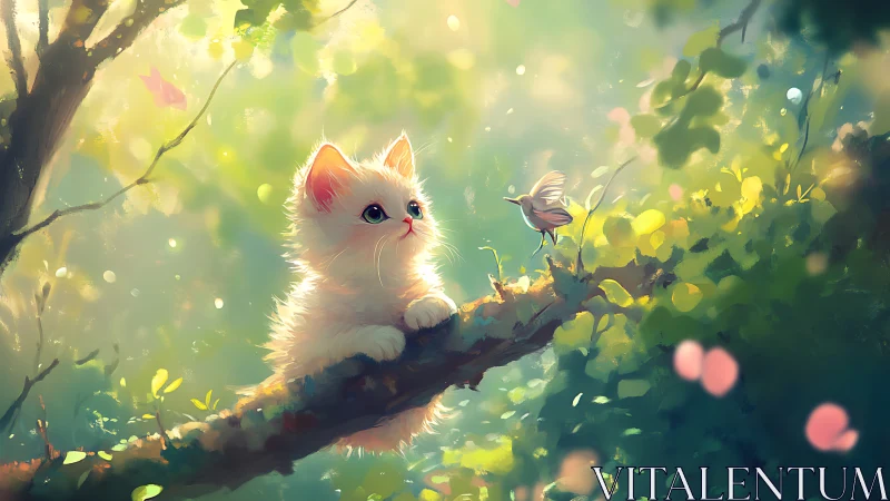 White kitten on branch with bird and filtered green foliage