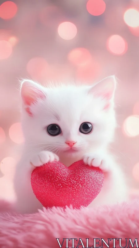 White cat with red heart shape object against pink bokeh background