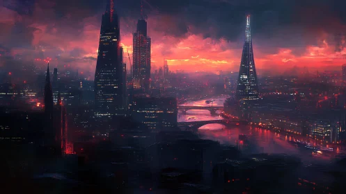 Neon-soaked futuristic skyline burns against a stormy dusk