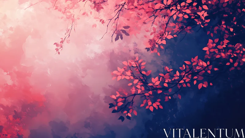 Pink foliage branches against soft abstract sky gradient.