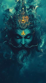 Mythic teal deity rendered as luminous swirling digital abstraction