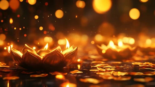 Photorealistic lotus oil lamps with bokeh field composition.