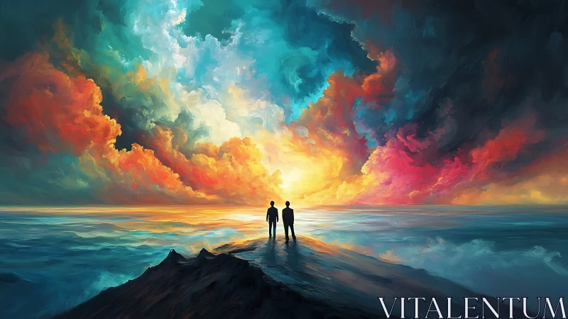 Twin silhouettes greeting a storm of molten sky color.