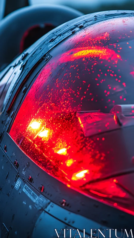 Rain-bright fighter canopy glowing like a molten comet.