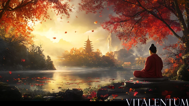Monk meditates by autumn lake facing distant pagoda at dawn.