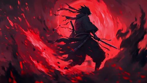 Anime swordsman surrounded by swirling red energy storm.