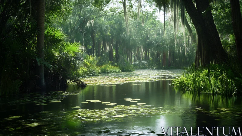 Tranquil lily-filled jungle river bathed in soft daylight.
