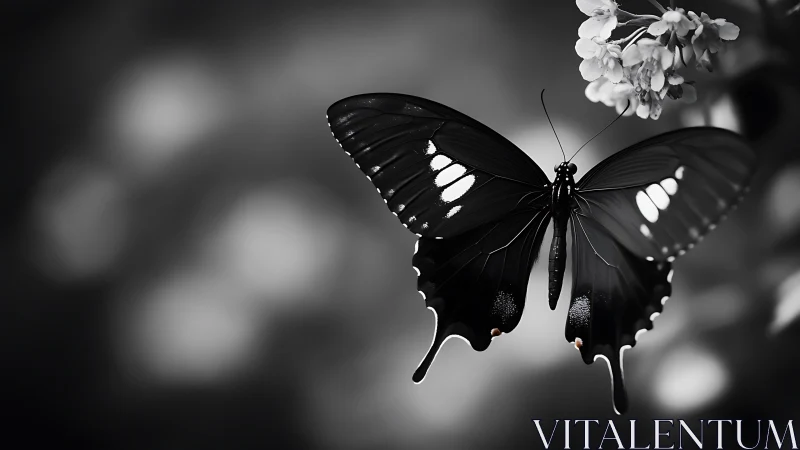 Monochrome butterfly spreads wings on soft blurred blooms.