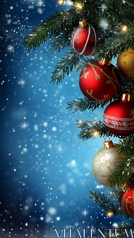 Christmas tree branch with red and gold baubles in snow.