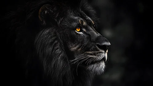 High-contrast black lion profile with luminous amber eye detail.