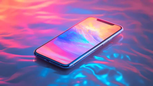 Modern smartphone on iridescent surface in vibrant neon colors.