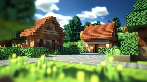 Voxel countryside houses stand beside paved courtyard