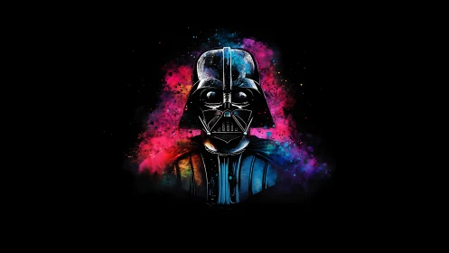 Cosmic masked figure dissolves into neon starburst clouds