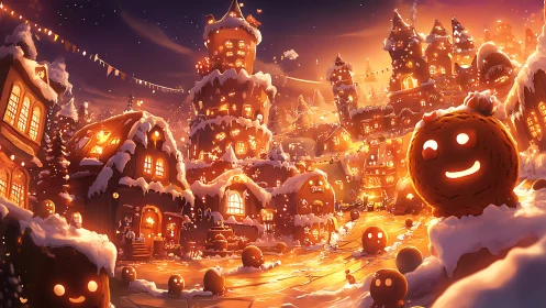 Gingerbread hillsides glow while cookie snowmen grin wide