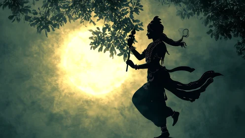 Silhouetted divine dancer moves gracefully before full moon glow