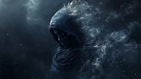 Shrouded spectral figure dissolves into swirling cosmic mist