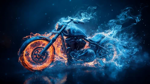 Fire and ice motorcycle pulses through neon smoke storm.