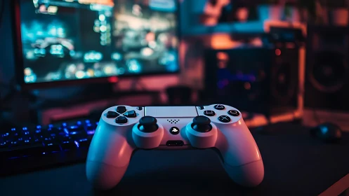 Dual-analog game controller on desk before defocused monitor.