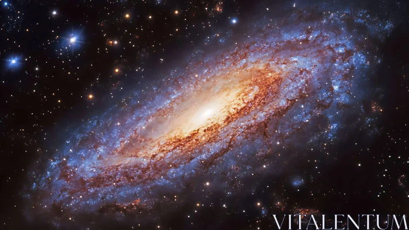 Spiral galaxy core glows through blue star fields.