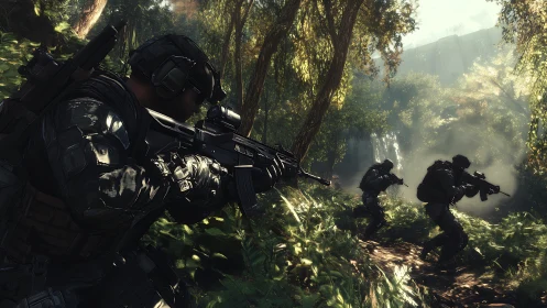 Tactical infantry squad advances through dense sunlit jungle