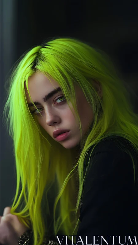 High‑contrast portrait with neon green hair and shallow depth of field