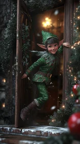 Joyful Christmas elf opens a cozy winter doorway welcome