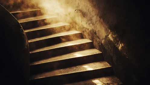 Worn stone staircase lit by strong golden side light.