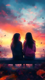 Friends share a tranquil bench at a radiant sunset sky.