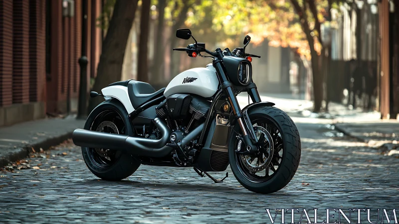 Custom street motorcycle resting on a quiet city lane.